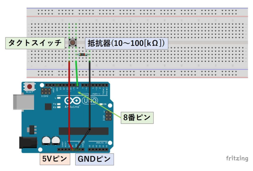 ブレッドボードを使用したスイッチの判定をさせる回路(プルダウン)