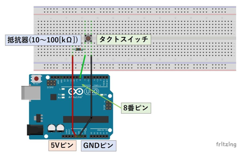 ブレッドボードを使用したスイッチの判定をさせる回路(プルアップ)