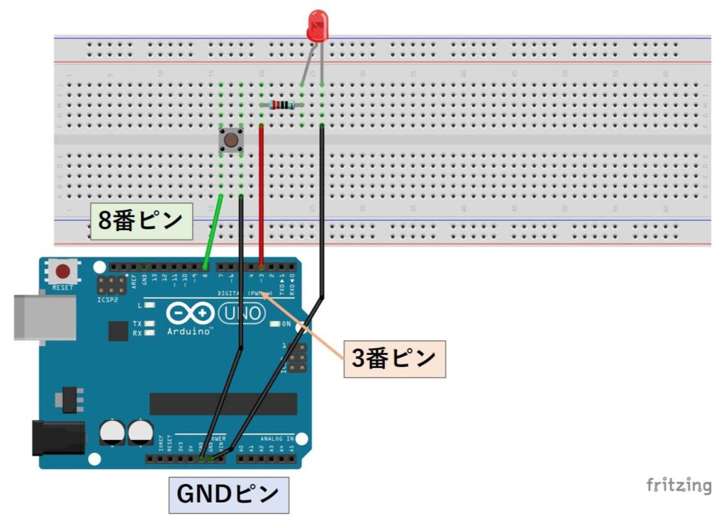 ブレッドボードを使用したスイッチでLEDを点滅させる回路