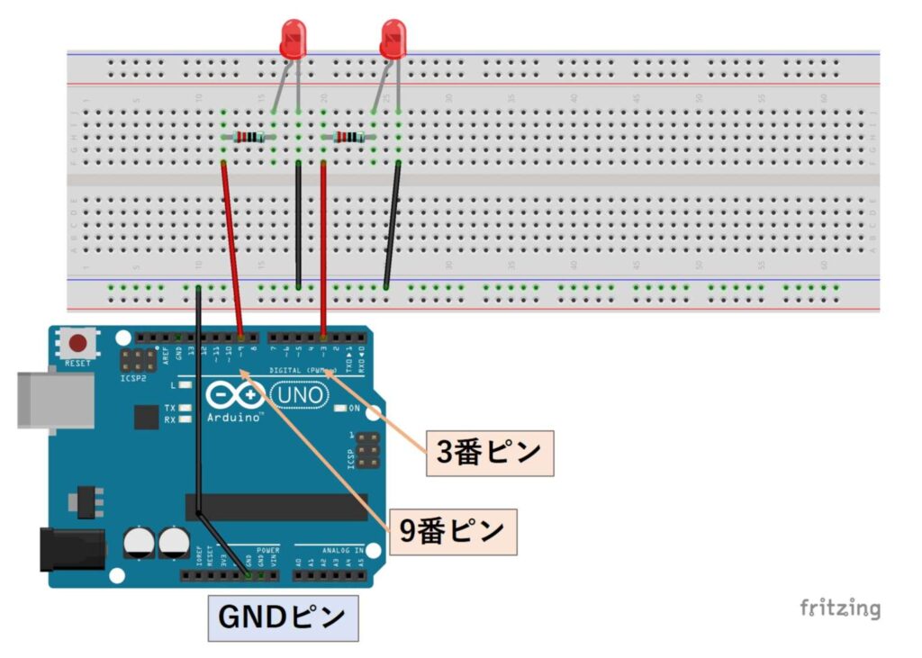 3番と9番ピンを使ってLEDを制御する回路(ブレッドボード)