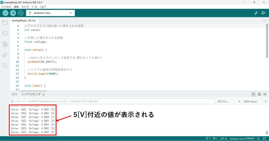 A0ピンと5Vピンを接続したときのシリアルモニタ