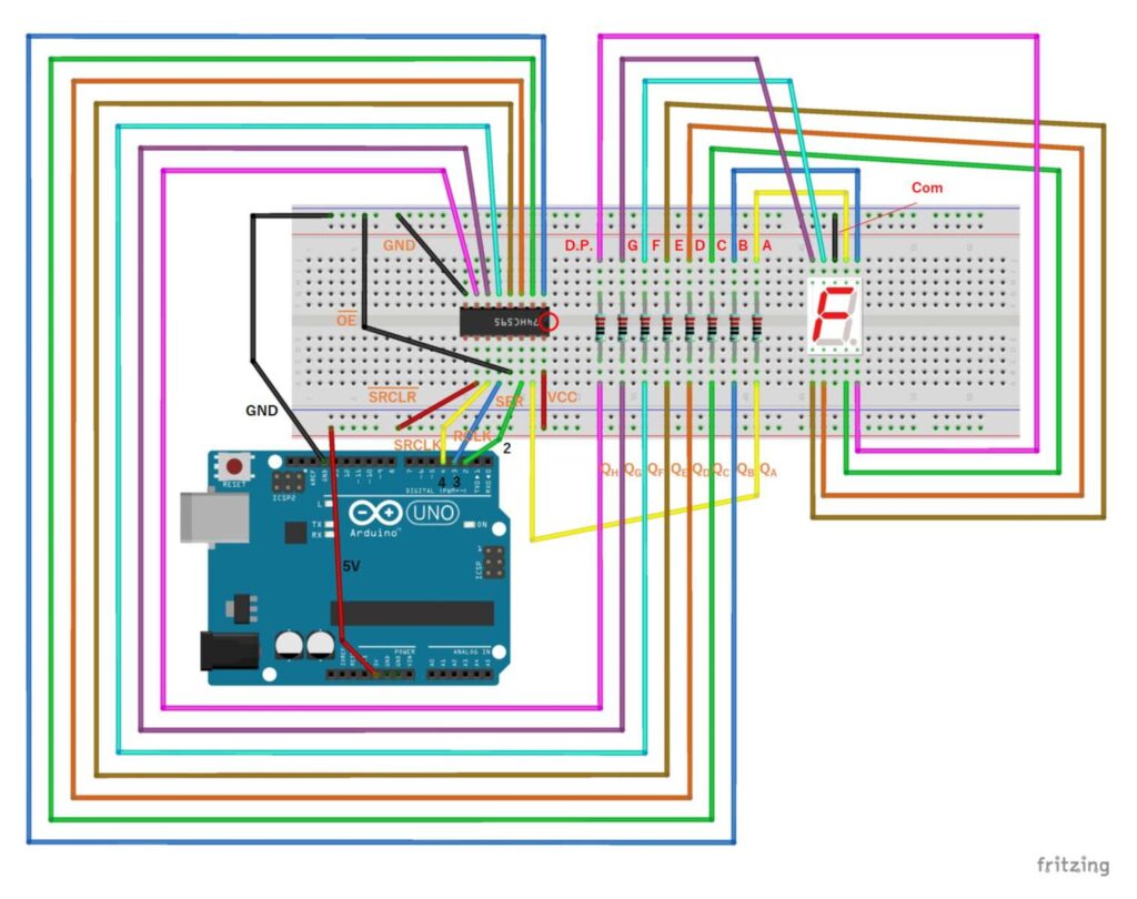 74HC595で7セグメントLEDを制御する回路(カソードコモン)