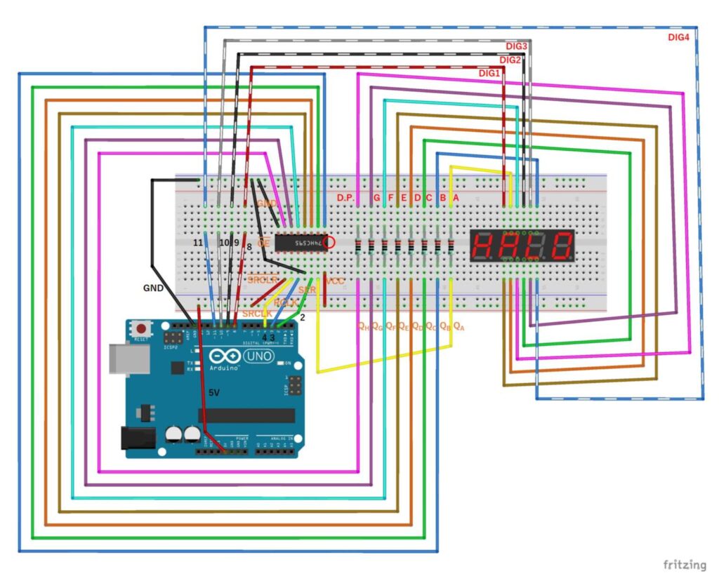 4桁の7セグメントLEDを制御する回路