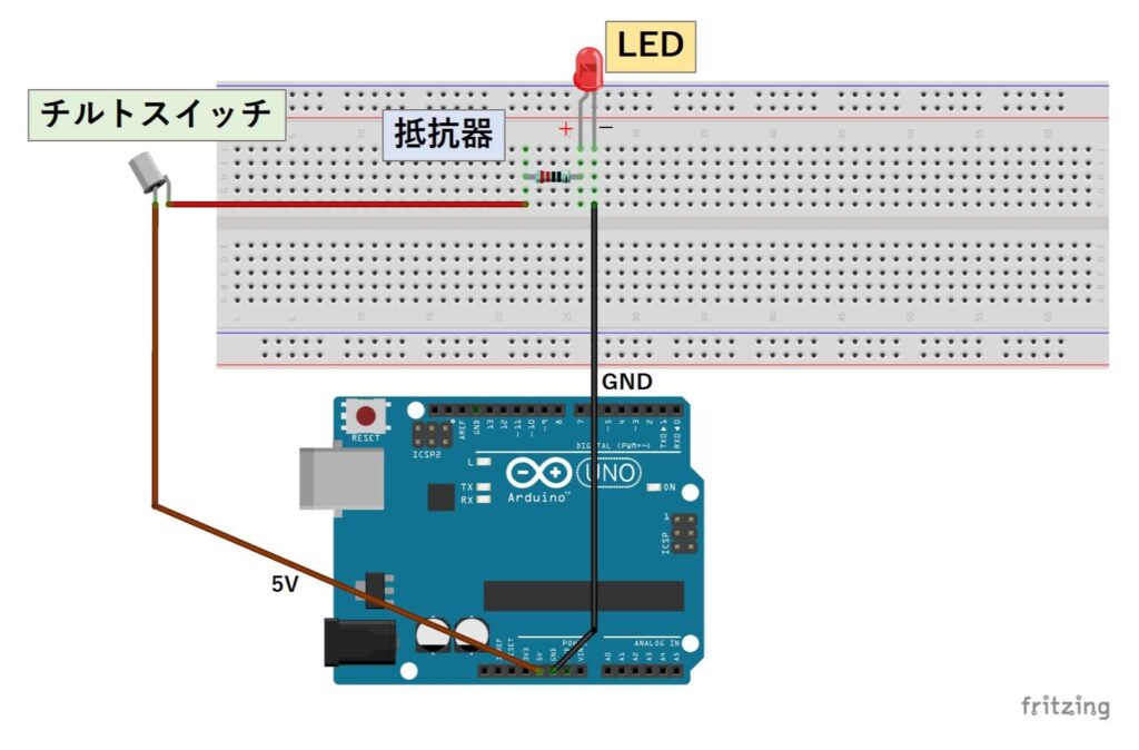 チルトスイッチでLEDの点灯を行う回路