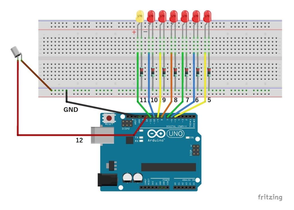 チルトスイッチで複数のLEDを制御する回路