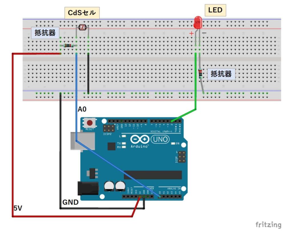 CdSセルでLEDの点灯を制御する回路