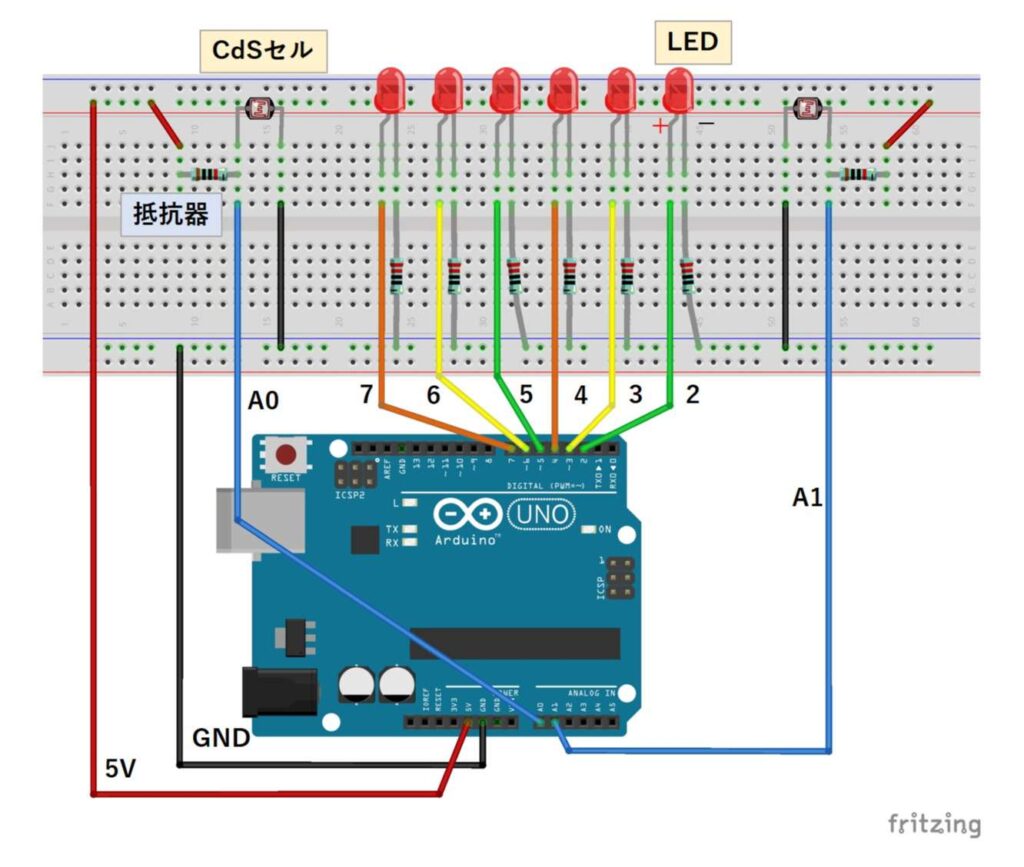 2つのCdSセルで複数のLEDを制御する回路