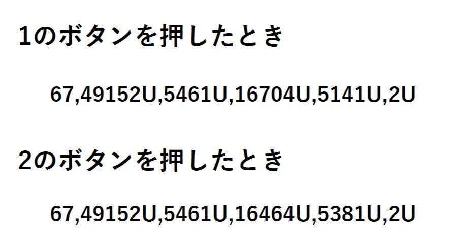 1のボタンを押したとき 67,49152U,5461U,16704U,5141U,2U 2のボタンを押したとき 67,49152U,5461U,16464U,5381U,2U