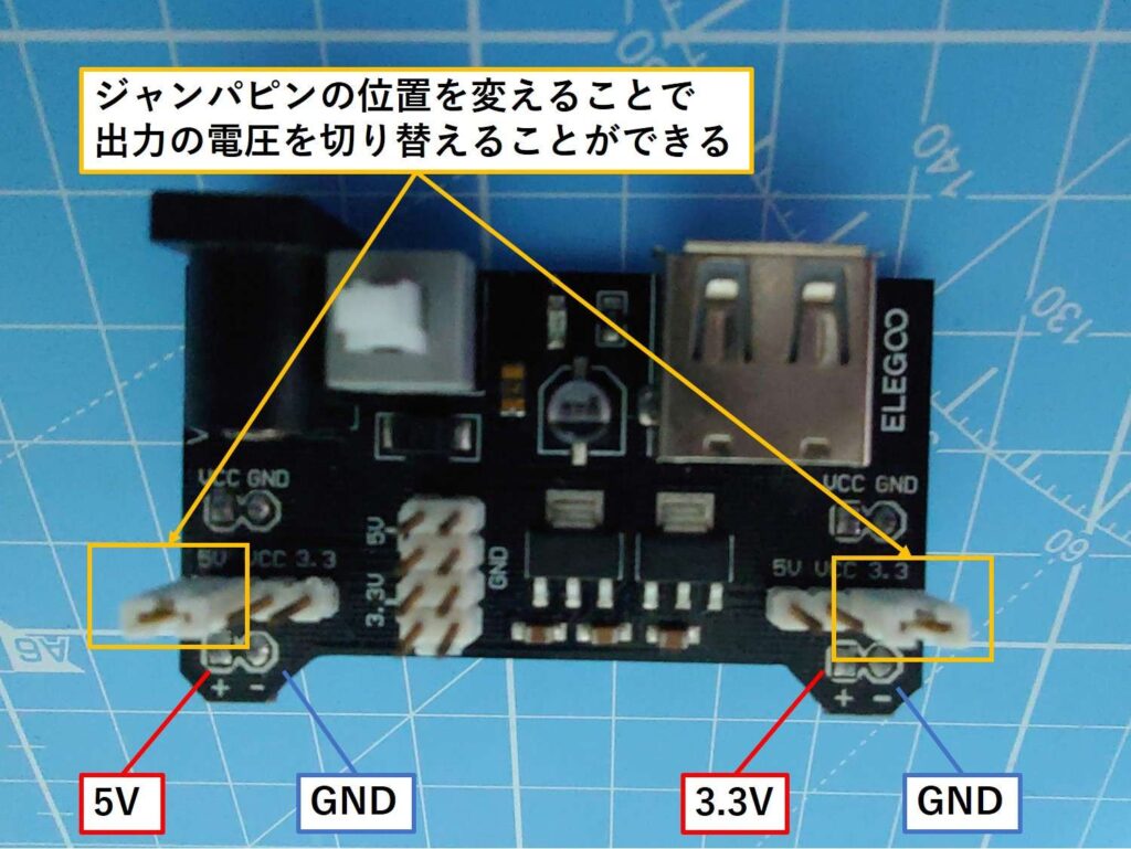 ジャンパピンの位置を変えることで出力の電圧を切り替えることができる