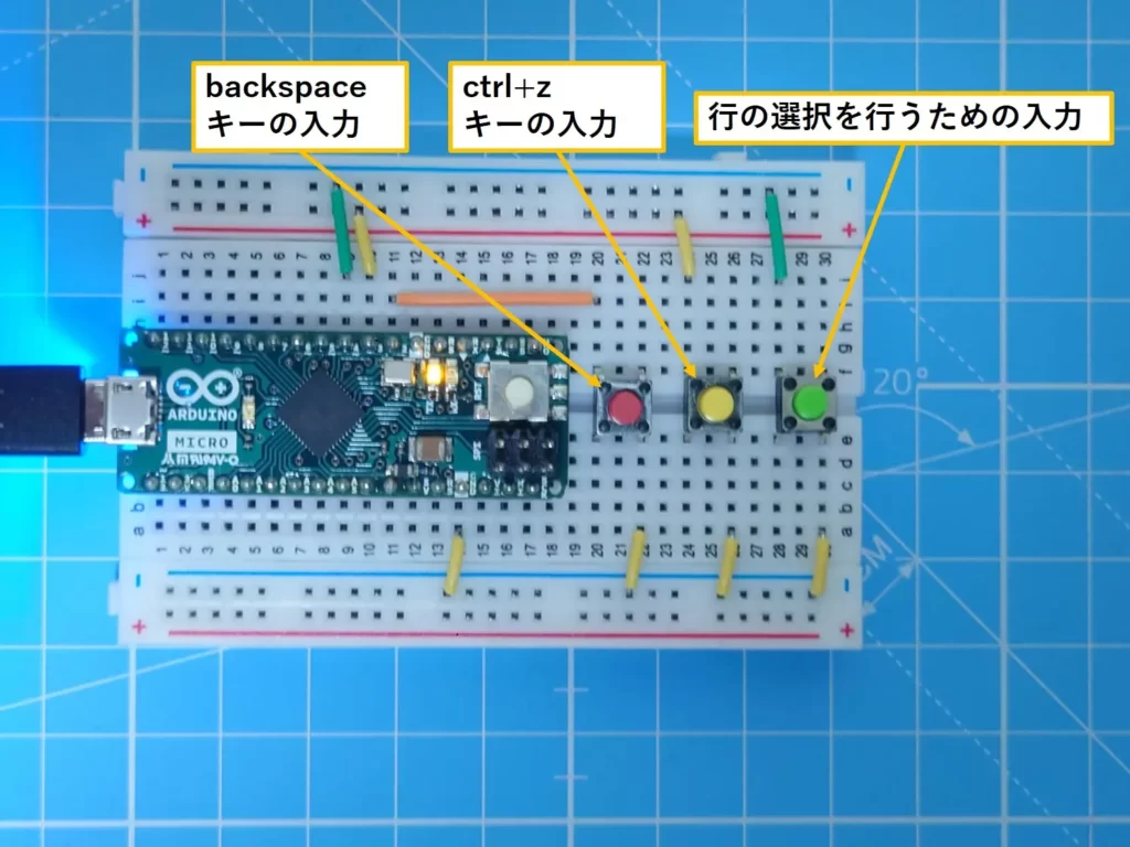 左のボタン：backspaceキーの入力 真ん中のボタン：ctrl+zキーの入力 右のボタン：行の選択を行うための入力