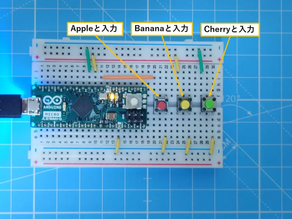 左のボタン：Appleと入力 真ん中のボタン：Bananaと入力 右のボタン：Cherryと入力