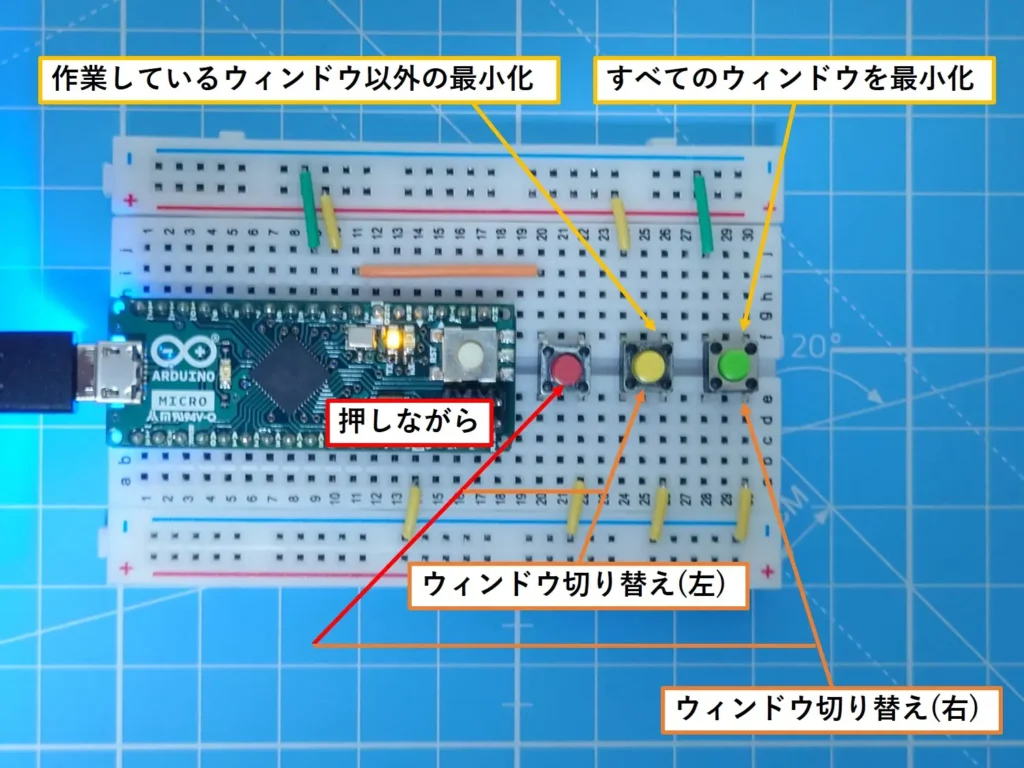 真ん中のボタン：作業しているウィンドウ以外の最小化 右のボタン：すべてのウィンドウを最小化 左+真ん中のボタン：ウィンドウ切り替え(左) 左+右のボタン：ウィンドウ切り替え(右)